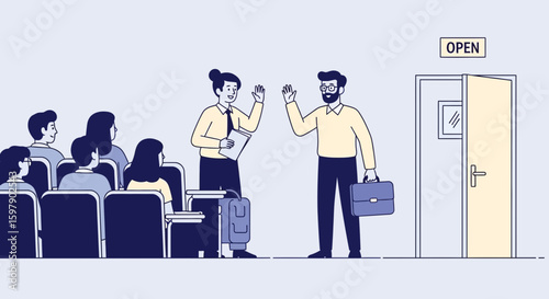 Welcoming Guests Presenting Business Meeting Or Conference In Modern Workplace