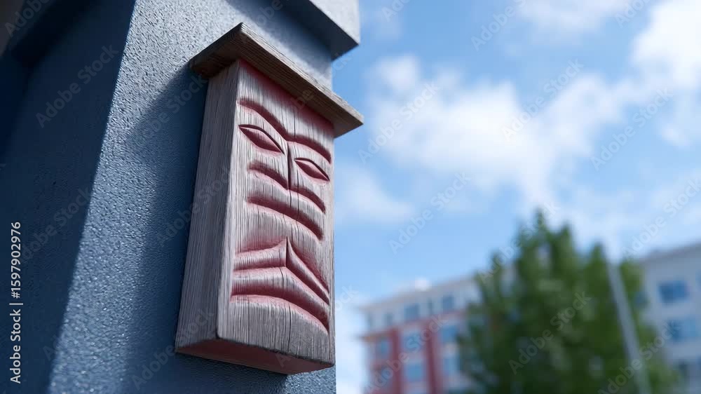 A unique wooden carving of a face is mounted on a blue pillar with a building background and cloudy sky