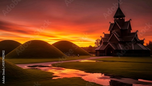 Golden Sunset Behind Historic Countryside Church with Reflections and Rolling Hills