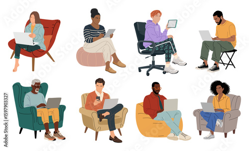 Set of Business people working at laptop. Different casual men, women sitting on armchairs, chairs with computer. Vector realistic illustrations isolated on transparent background.