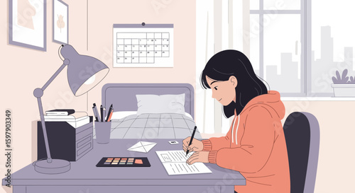 Young Woman Studying Or Working From Home In A Cozy Room Scene