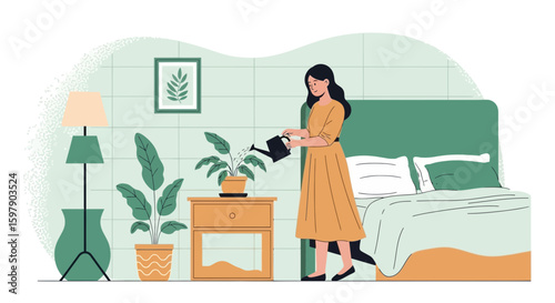 Young Woman Watering Houseplant With Watering Can In A Minimalist Room