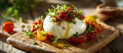 Delicious burrata cheese ball with sun-dried tomatoes and fresh herbs on a rustic wooden board, perfect for gourmet food presentations and culinary creations.