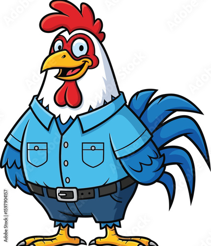 Cartoon rooster wearing a shirt and pants, smiling with a fun expression