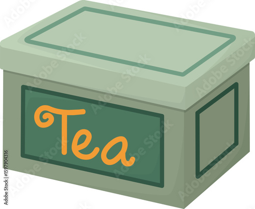 Cute container for tea isolated on white background. Hand drawn illustration of green tea box