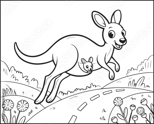 Cute kangaroo with baby in natural scene black outline silhouette vector for coloring page or book design kids