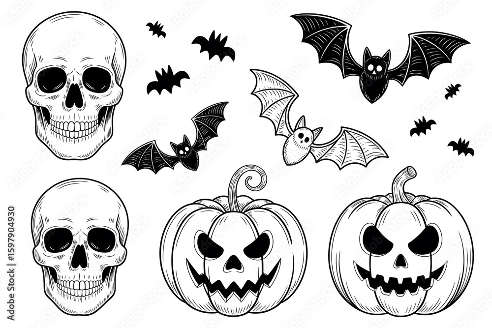 Fototapeta premium Spooky halloween drawing with skulls, bats, and pumpkins isolated on white background for a festive design