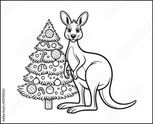 Cute kangaroo with gift boxes in christmas tree scene black outline silhouette vector for coloring page or book design kids