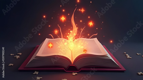 Enchanting book with glowing stars and magical light emanating from within for fantasy, learning, and imagination concepts