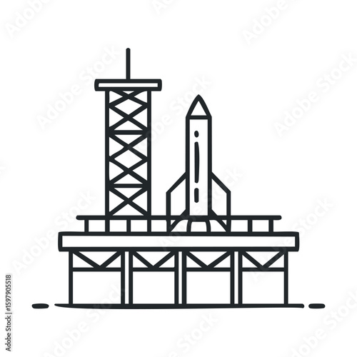 Illustration of a rocket launch pad with tower and rocket diagram