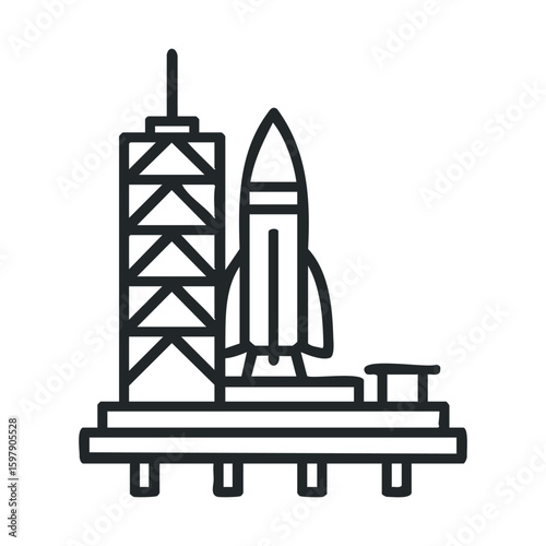Rocket launch pad with tower and rocket icon in black and white line art style