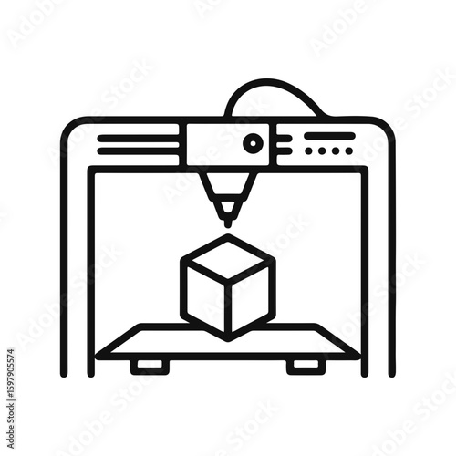 Simple vector icon of a 3D printer with a cube being printed in a minimalistic style. Illustration of innovations in production