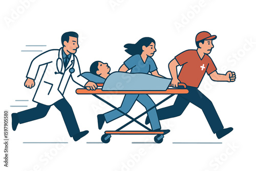 Medical team urgently transports a patient on a stretcher.