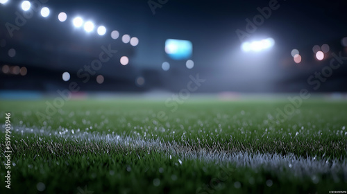 Futuristic soccer field with vivid green turf and detailed grass texture under neon fog and dramatic stadium spotlights, centered on the midfield circle in an empty yet immersive modern football arena
