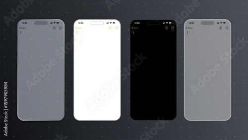 Notes ui vector app interface on mobile phone screen in light, dark, and translucent mode for modern design