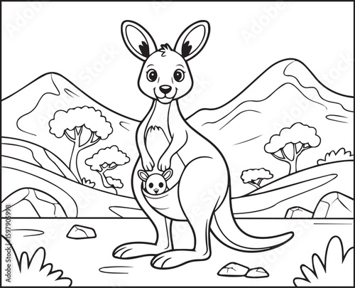 Cute kangaroo with baby in natural mountain scene black outline silhouette vector for coloring page or book design kids