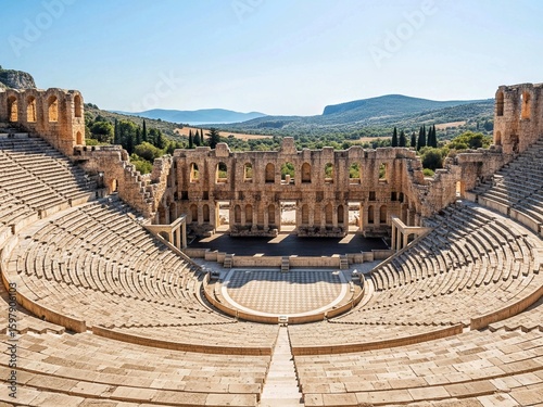 Ancient Greek Amphitheater with Scenic Hillside Landscape and Cultural Heritage Ruins
