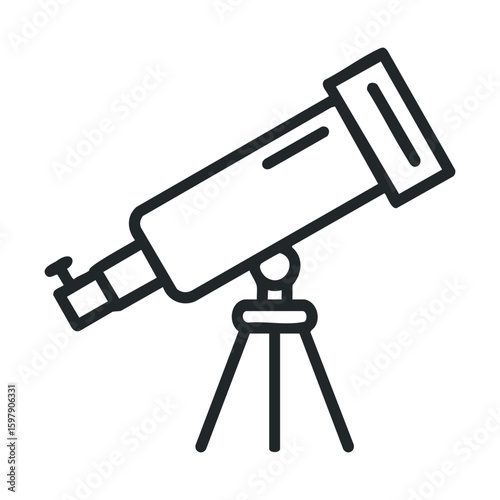 Black and white outline of a telescope on a tripod for astronomical observation