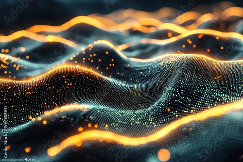 Abstract futuristic background with glowing dots and dynamic orange wave patterns