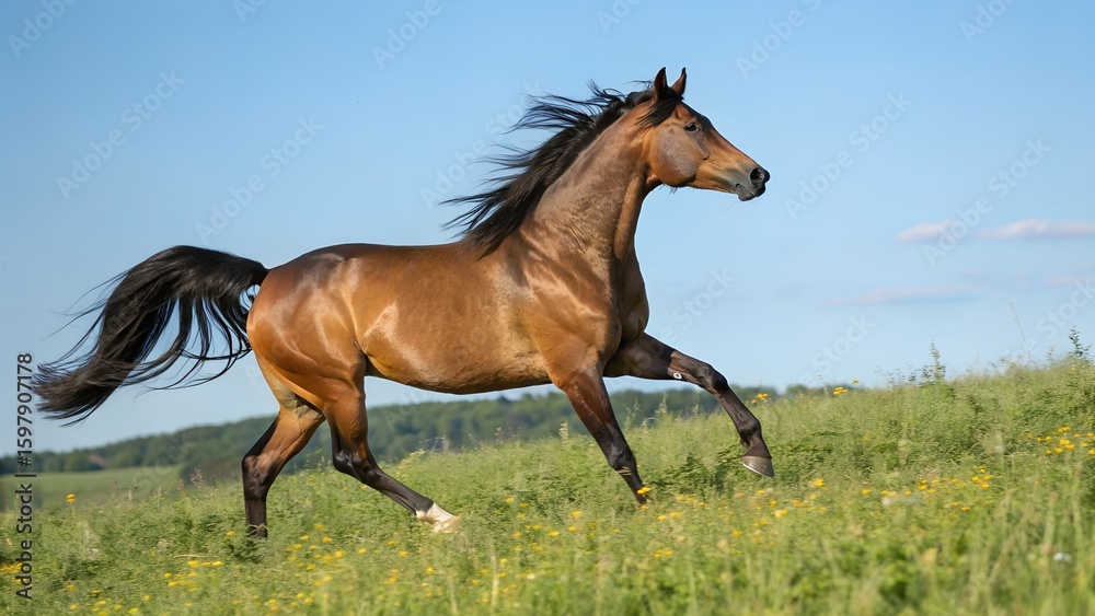 Fototapeta premium Morgan Horse Trotting Gracefully in Sunlit Meadow
