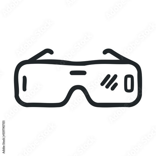 Black and white line drawing of virtual reality glasses