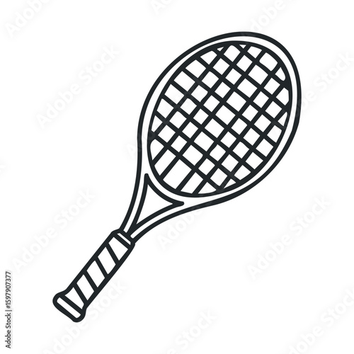 Black and white illustration of a tennis racket with grid pattern