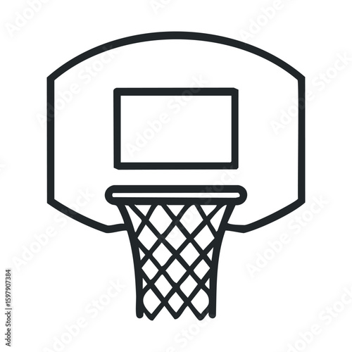 Simple black and white basketball hoop line drawing with backboard and net
