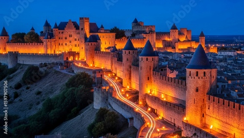 Illuminated Medieval Castle at Twilight with Stone Towers and Historic Architecture in Scenic France