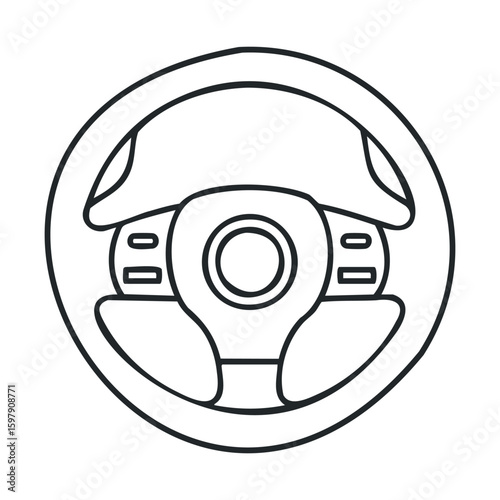 Black and white steering wheel illustration with linear design