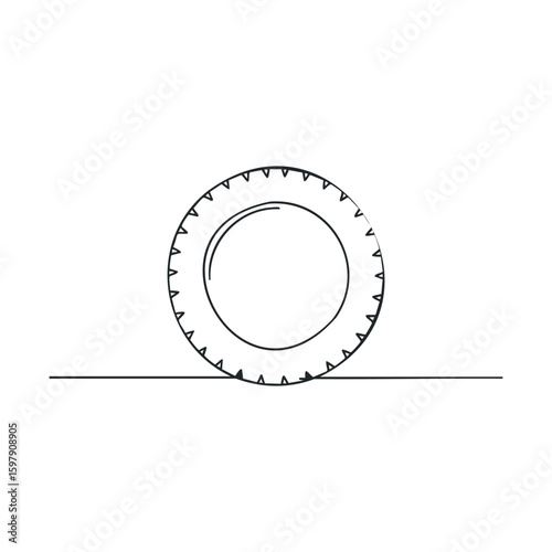 Minimalist black and white line art of a perfectly round wheel on a horizontal line