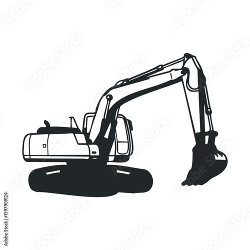 Monochrome silhouette of an excavator with raised arm and bucket