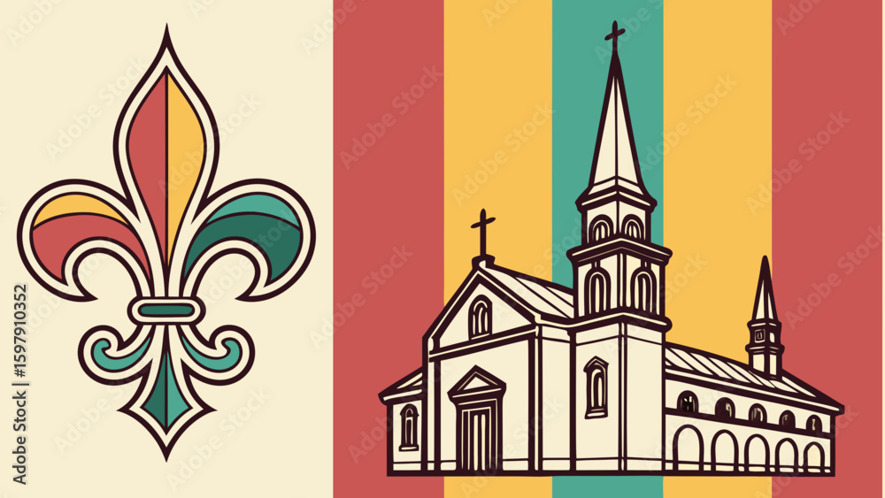 Fototapeta premium vector illustration of a church and fleur de LIS 