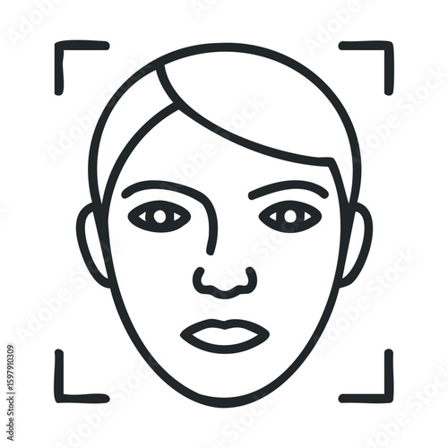 Simple outline face icon with cropped hair and minimal features