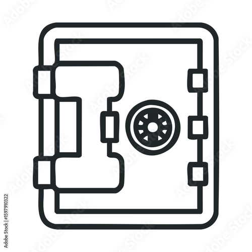 Black and white illustration of a secure metal safe with dial lock