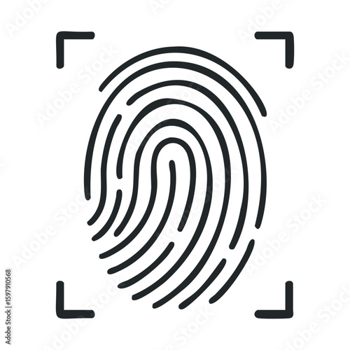 Black fingerprint icon with framing lines on white background