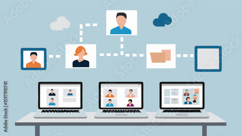 Wallpaper Mural Illustration of online meeting with laptops and connected user icons in a network diagram setup Torontodigital.ca