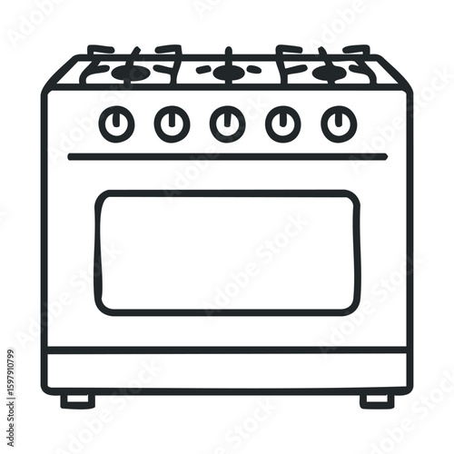 Simple black and white illustration of a gas stove with four burners