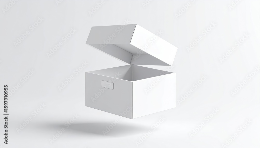 Fototapeta premium Floating White Storage Box Mockup With Partially Open Lid and Label Slot Against a Clean White Background
