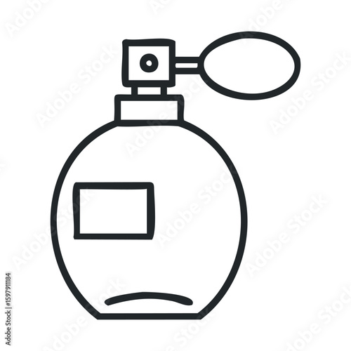 Black and white sketch of vintage perfume bottle with atomizer