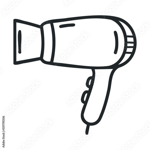 Black and white illustration of a hair dryer with simple design elements