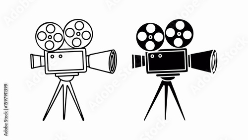 movie camera and film reel  line art vector silhouette illustration
