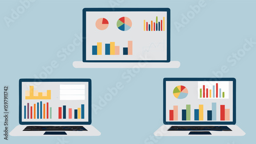 Three laptops displaying charts and graphs on their screens in a light blue background