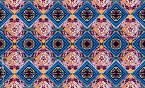 Ikat geometric folklore ornament with diamonds. Tribal ethnic vector texture. Seamless striped pattern in Aztec style. Folk embroidery. Indian, Scandinavian, Gypsy, Mexican, African rug.