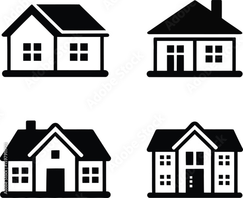 Set of Minimal House Icons — Black and White Residential Silhouettes Featuring Various Roof Designs, Doors, and Windows for UI or Print
