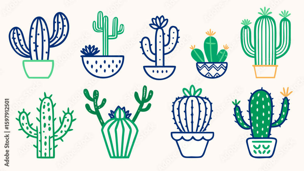 Fototapeta premium Hand Drawn Cactus Plant Doodle Set - Vintage Style Cartoon Cacti Collection