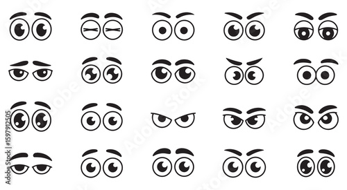 Vintage Cartoon Eyes Vector Set – Retro Comic Character Expressions with Eyebrows