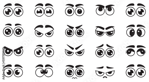 Vintage Cartoon Eyes Vector Set – Retro Comic Character Expressions with Eyebrows