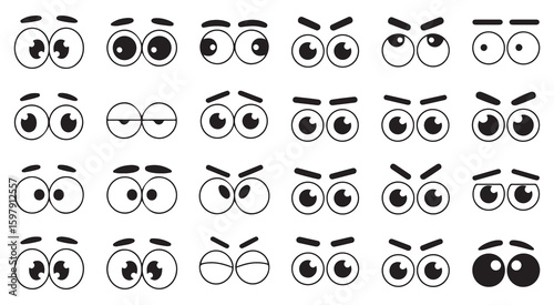 Vintage Cartoon Eyes Vector Set – Retro Comic Character Expressions with Eyebrows