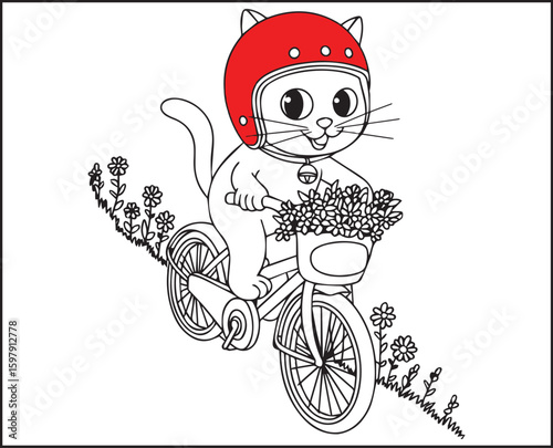 Beautiful bicycle riding by a cute cat on road in natural scenery black outline vector illustration for kids coloring book design