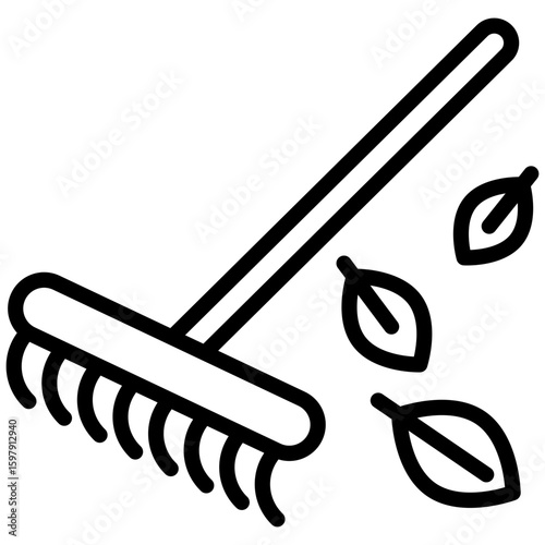 Outline icon of rake with fallen leaves. Editable stroke vector. Great for gardening, autumn, or cleanup concepts.